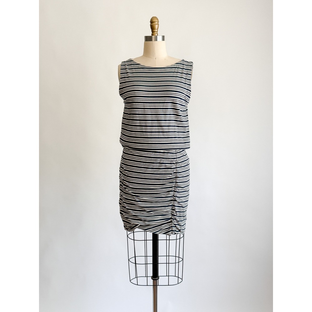 Nautical Athleta Striped Ruched‎ Blouson Dress S Navy White Cotton Modal